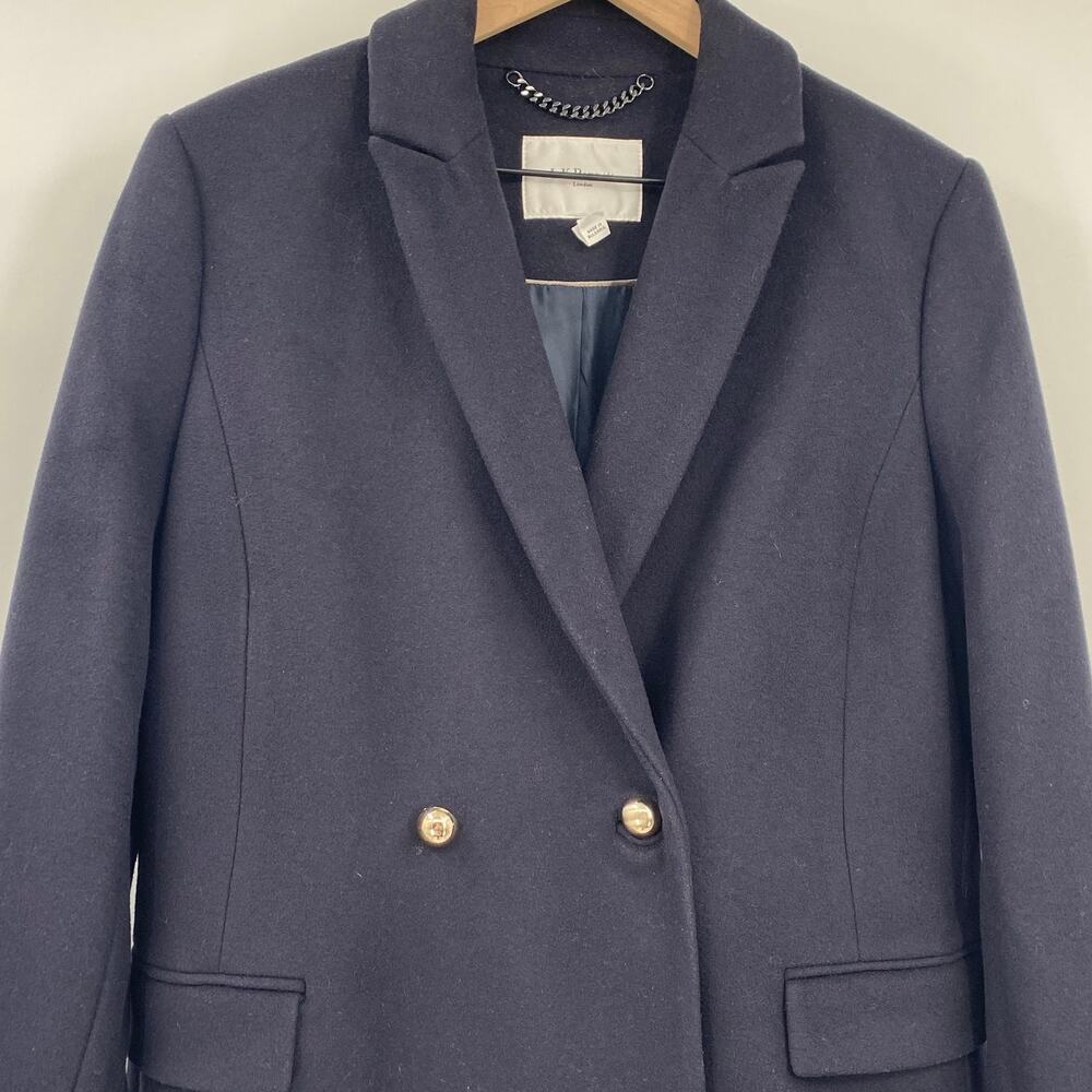 LK Bennett Della Coat Long Double Breasted Wool Cashmere Navy Blue Womens 10 - Picture 4 of 9
